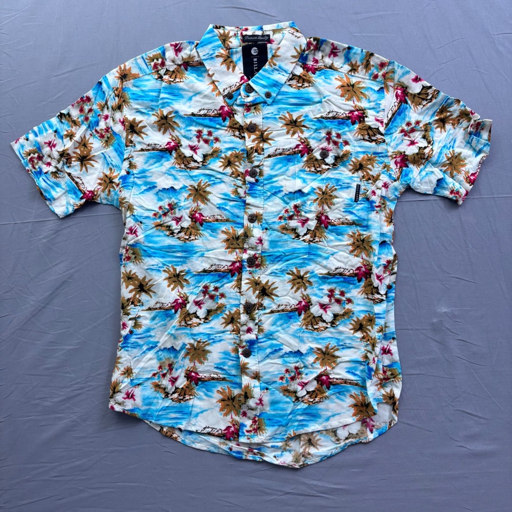 Billabong Mens Small‎ Tropical Island Palm Tree Hibiscus Button Down Shirt Blue